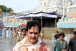 DIG Dinesh Reddy coming of the temple after taking pari in Koil Alwar Tirumanjanam
