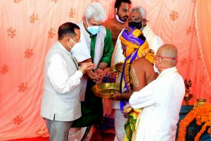 Lieutenant Governor Manoj Sinha along with Union Ministers G. Kishan Reddy and Jitendra Singh offer prayers on the occasion of the Bhumi Pujan