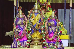 LORD MALAYAPPA SWAMY ALONG WITH HIS CONSORTS ADORNED WITH PAVITHRA MALA